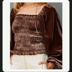 Anthropologie Brown Velvet Smocked Square-Neck Top